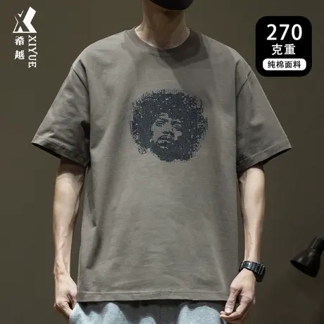 美式复古人物刺绣短袖t恤男士2025夏季新款宽松大码重磅打底半袖商品大图