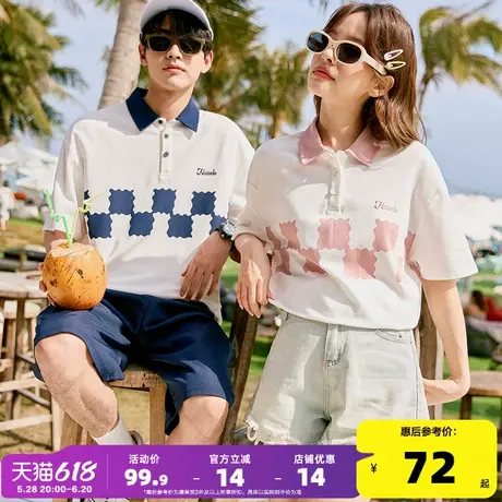 唐狮2025夏季新款情侣短袖polo衫男棋盘格拼接上衣有领t恤女潮牌图片