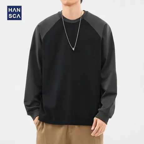 hansca 305g高密精梳棉 春秋季插肩长袖t恤男士2025新款拼接卫衣商品大图