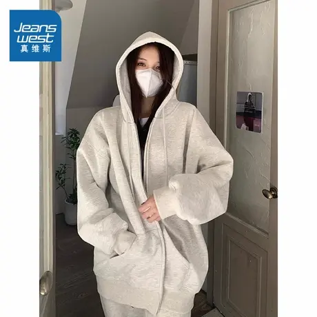 KMV真维斯连帽卫衣女款2025新款宽松连帽衫休闲灰色长袖开衫外套商品大图