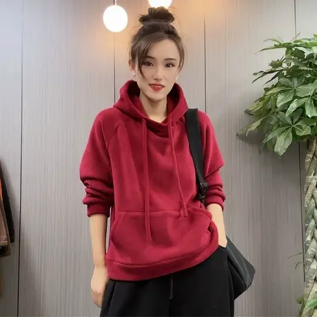 欧洲站2023秋冬季新款双面绒纯色宽松减龄时尚感保暖连帽卫衣女潮商品大图