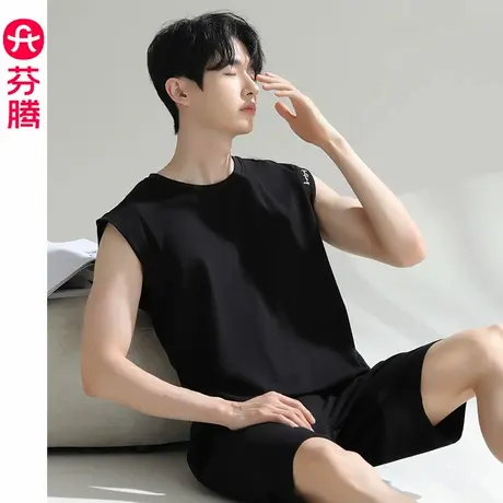 芬腾无袖睡衣男款夏季纯棉黑色可外穿加大码休闲背心短裤运动套装商品大图