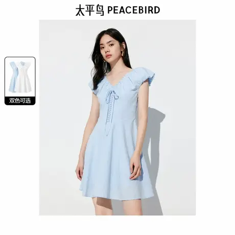 【大粒儿粉丝专享】太平鸟装云朵提花连衣裙V领收腰短裙纯色法式图片