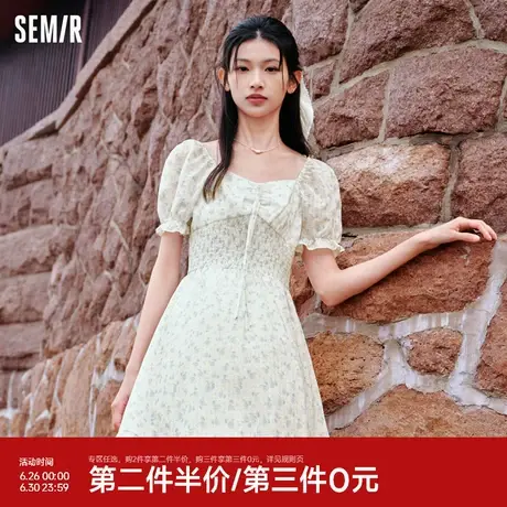 森马连衣裙女荷叶边雪纺短裙2024夏季新款方领收腰肌理碎花裙浪漫商品大图