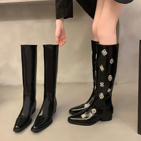 长靴女秋季显瘦骑士靴粗跟高筒2023年新款爆款小众设计感尖头靴子商品大图