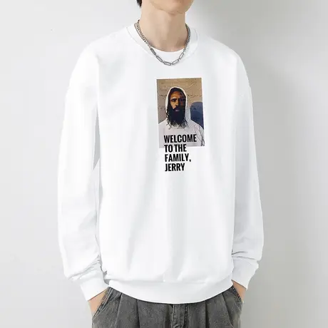 380g重磅纯棉卫衣男秋季潮牌印花套头无帽上衣摇粒绒白色圆领长袖商品大图