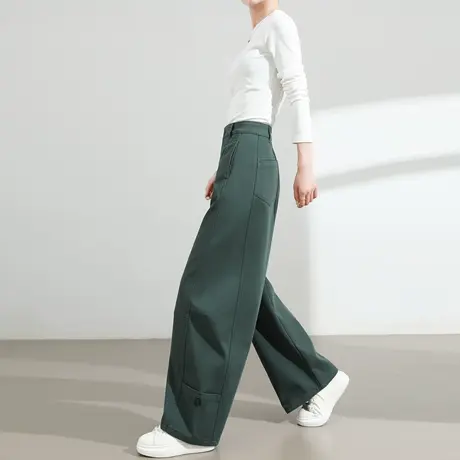 休闲工装裤女春秋新款高腰宽松显瘦垂感橄榄绿大口袋阔腿弯刀裤子商品大图