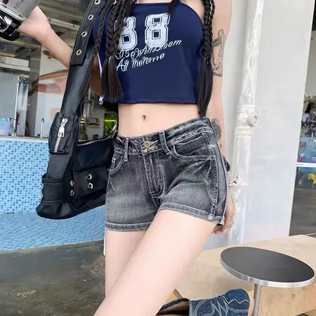 夏季辣妹黑灰色中腰复古水洗牛仔短裤女夏百搭性感包臀显瘦热裤商品大图