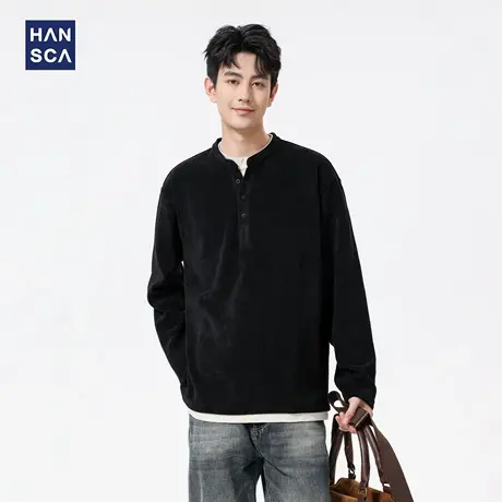 hansca 400g撞色假两件长袖t恤男秋季2025新款宽松亨利领休闲体恤商品大图