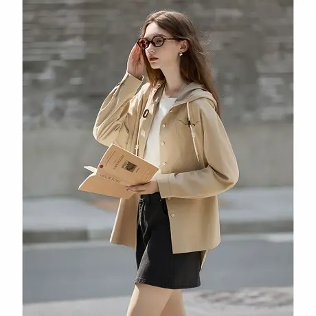 唐狮秋季新款长袖衬衫女休闲百搭假两件连帽设计感上衣外套TM图片