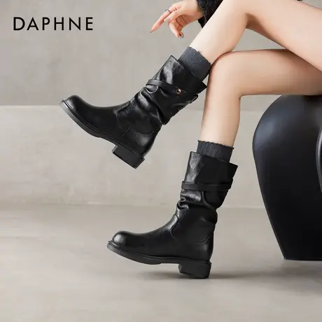 达芙妮中筒高筒靴骑士短靴2026新款女款秋冬季加绒皮靴女靴子黑色商品大图