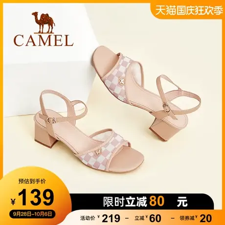 骆驼女鞋夏季新款羊皮革方头休闲粗跟气质百搭时装高跟鞋凉鞋图片