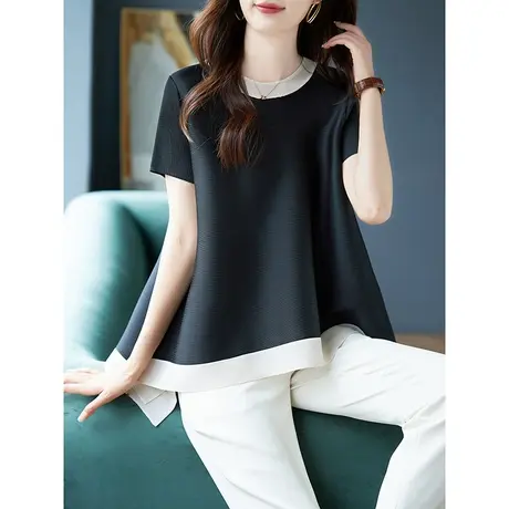 宝诗黎圆领撞色拼接短袖雪纺衫2023夏季新款宽松简约小众女士上衣商品大图