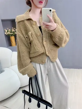 加厚毛绒绒小方领毛衣开衫女秋冬2023年新款宽松保暖软糯外套上衣图片