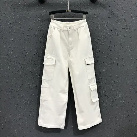 欧货个性贴布阔腿裤女23秋季新款米白色工装口袋高腰百搭牛仔长裤图片