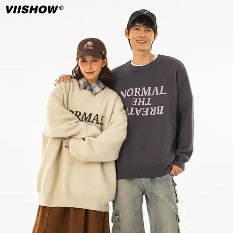 VIISHOW美式复古流行圆领毛衣男生秋冬刺绣字母宽松慵懒风针织衫商品大图