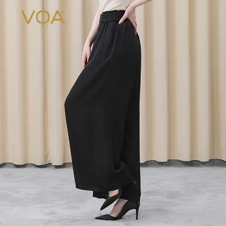 VOA真丝提花牛筋松紧腰木耳边立体压褶装饰OL气质桑蚕丝阔腿裤商品大图