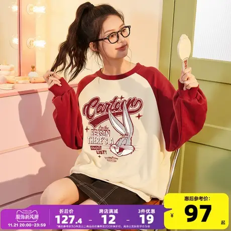 [兔八哥联名]唐狮2023秋季新款女卫衣圆领宽松插肩袖设计感小众商品大图