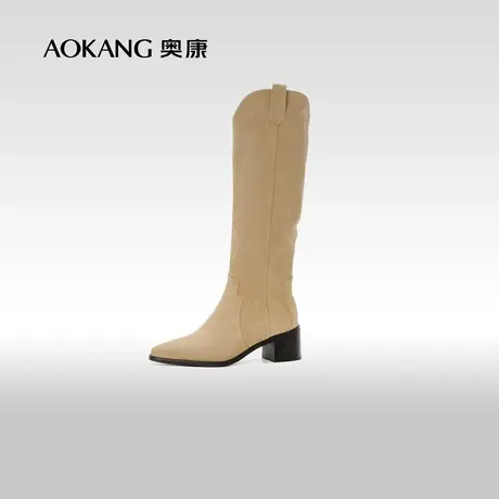 奥康女鞋 秋冬季时尚休闲西部牛仔靴尖头粗跟长筒靴女鞋图片