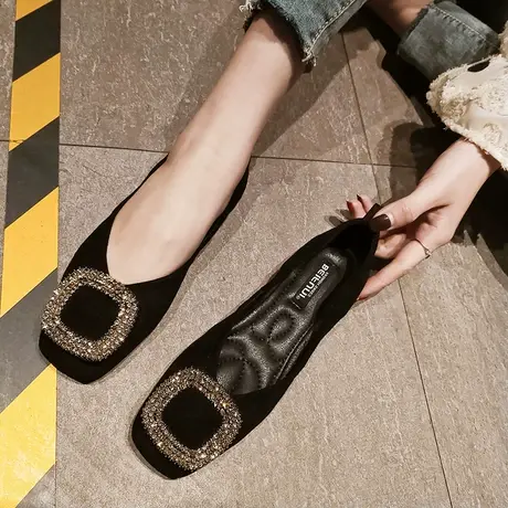 真皮单鞋女秋2023新款百搭黑色软底方头法式瓢鞋小香风平底豆豆鞋图片