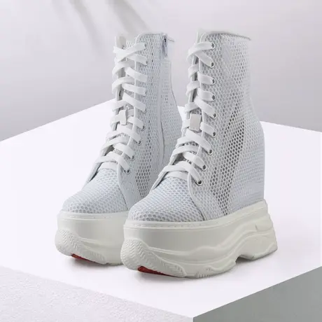 14cm内增高老爹鞋女款显瘦高帮网面松糕鞋厚底高跟真皮休闲小白鞋商品大图