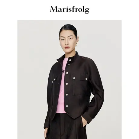 【提花工艺】玛丝菲尔外套2023春季新款咖色收腰短款立领外套商品大图