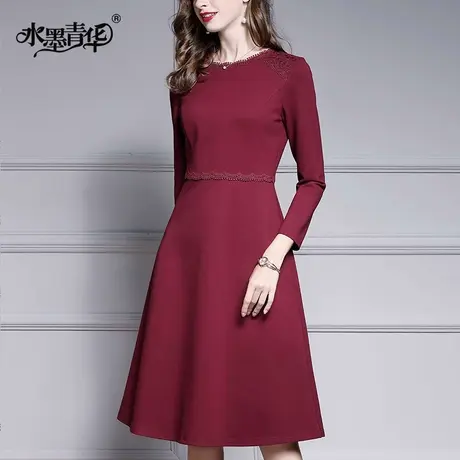 水墨青华春新款时尚气质修身显瘦A字裙罗马针织连衣裙图片