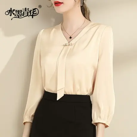 水墨青华2024法式气质上衣女新款春季设计感飘带百搭时尚衬衫衬衣图片