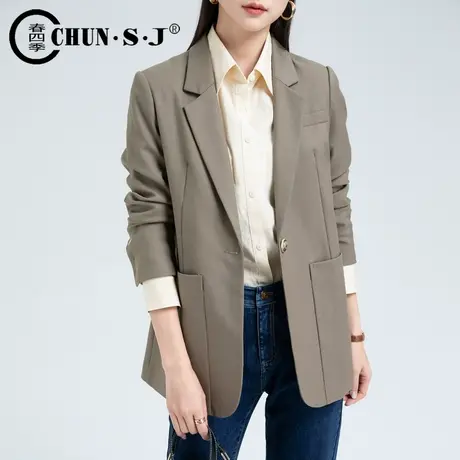 茶绿色休闲西装外套女2023春秋新款外套羊毛上衣春秋设计感小西服图片