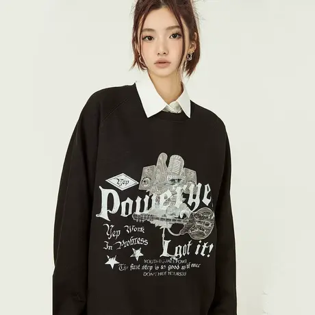 YEP2023新款黑色圆领卫衣女春秋宽松oversize潮牌美式长袖上衣ins商品大图