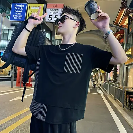 短袖t恤男夏季新款个性条纹拼接设计感痞帅潮男网红半袖上衣T恤商品大图