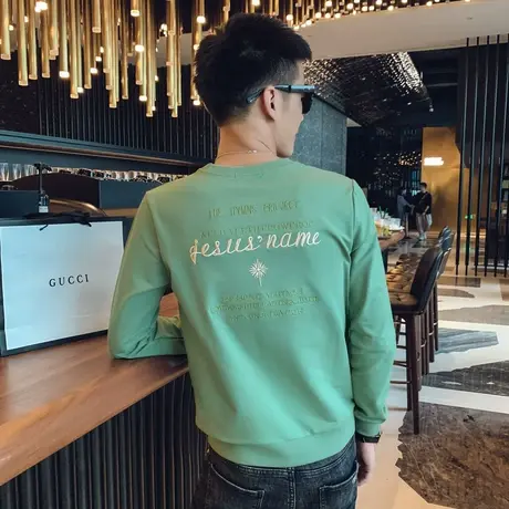 秋季男卫衣t恤打底衫上衣长袖宽松套头潮流圆领刺绣网红潮牌体恤图片