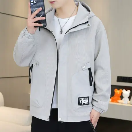 工装连帽夹克男士外套2023春秋季新款青年休闲爸爸装简约上衣潮牌图片