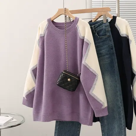 2023秋冬新款韩版女士毛衣针织衫上衣宽松套头长袖拼色圆领打底衫商品大图