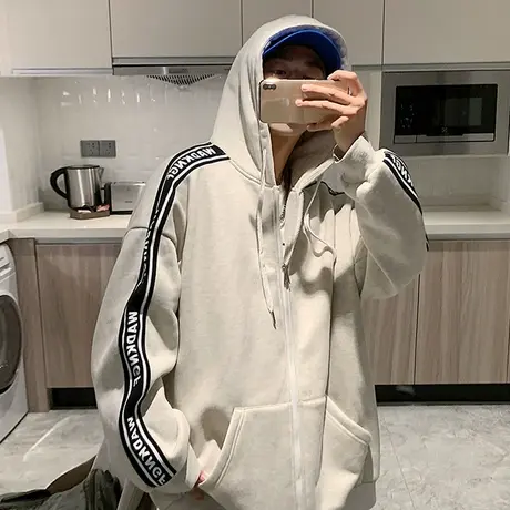 潮牌加绒卫衣外套男秋冬季oversize美式休闲宽松连帽上衣拉链开衫商品大图