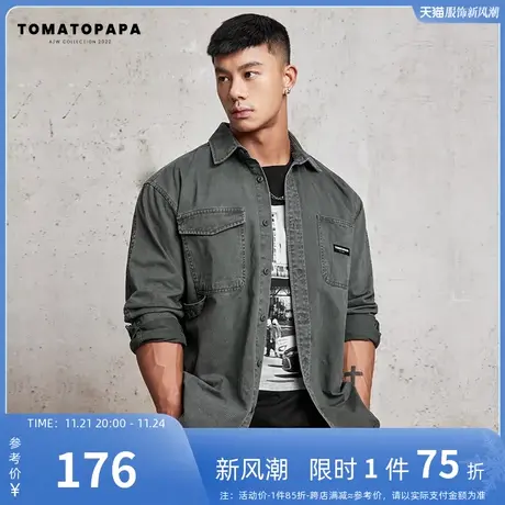 TOMATOPAPA新款工装衬衫男斜纹耐磨棉复古翻领衫工装开衫男子上衣商品大图