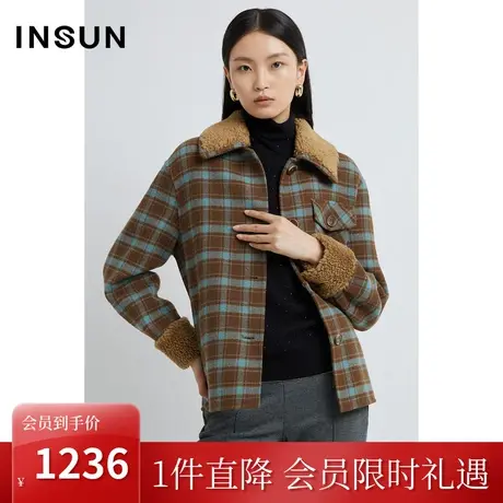 恩裳2022冬季潮流撞色格纹经典直身型双面呢短外套女图片