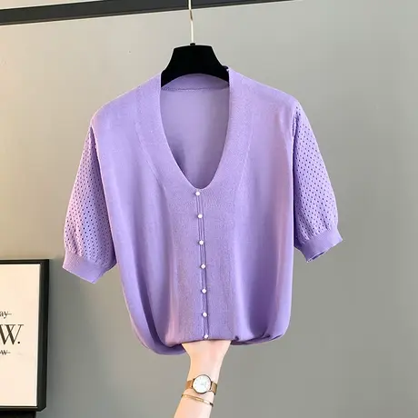 V领钉珠冰丝针织短袖女2024年夏季新款薄款假开衫T恤上衣宽松半袖图片