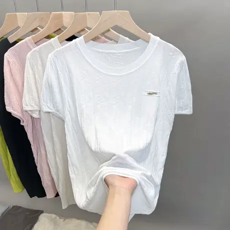 圆领冰丝针织衫女2023春夏秋新款打底衫泡泡袖上衣薄短袖t恤衫潮商品大图