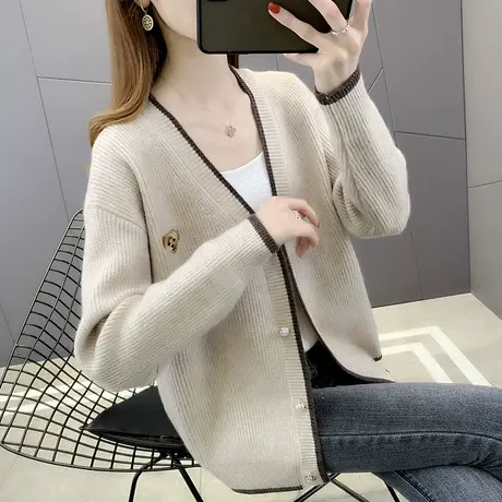 V领针织开衫宽松单排扣上衣2022年新款韩版毛衣外套百搭长袖外穿图片