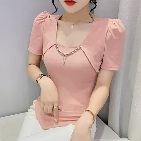 时尚泡泡袖T恤女短袖夏装新款设计感不规则链条上衣百搭显瘦小衫图片