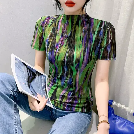 拼色印花网纱上衣女夏季2024新款气质修身雪纺衫时尚半高领短袖衫图片
