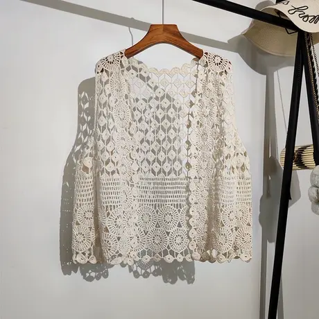 钩花镂空背心马甲女春夏新款韩版宽松无袖坎肩针织开衫上衣小外套商品大图