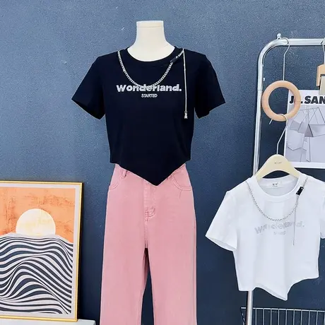 甜酷设计感重工镶钻链坠短款T恤~夏款小个子不规则修身上衣显腿长图片