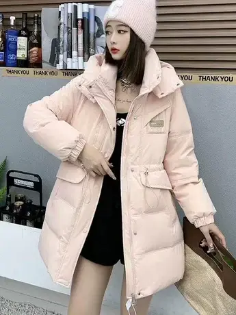 2023冬季新款中长款时尚ins收腰羽绒服加厚白鸭绒小众连帽外套潮图片