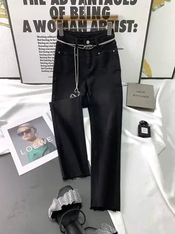 韩版复古牛仔小脚裤女2023秋季新款显瘦百搭链条高腰弹力九分裤子商品大图