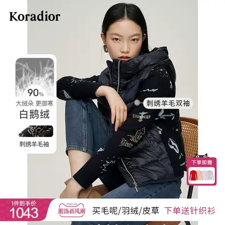 珂莱蒂尔冬季白鹅绒羽绒服女保暖御寒短款连帽针织印花羽绒外套女图片