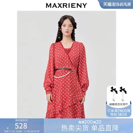 MAXRIENY小红心茶歇裙女春款复古V领蕾丝连衣裙图片