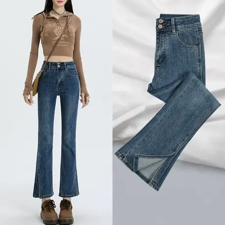 复古微喇牛仔裤女2023秋季新款高腰显瘦小个子显高设计感喇叭裤商品大图