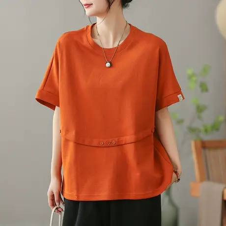 dza复古全棉短袖T恤女2023夏季薄款纯色打底体恤宽松显瘦套头上衣商品大图